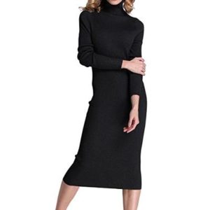 Turtleneck Ribbed Elbow Long Sleeve Knit Sweater Dress 