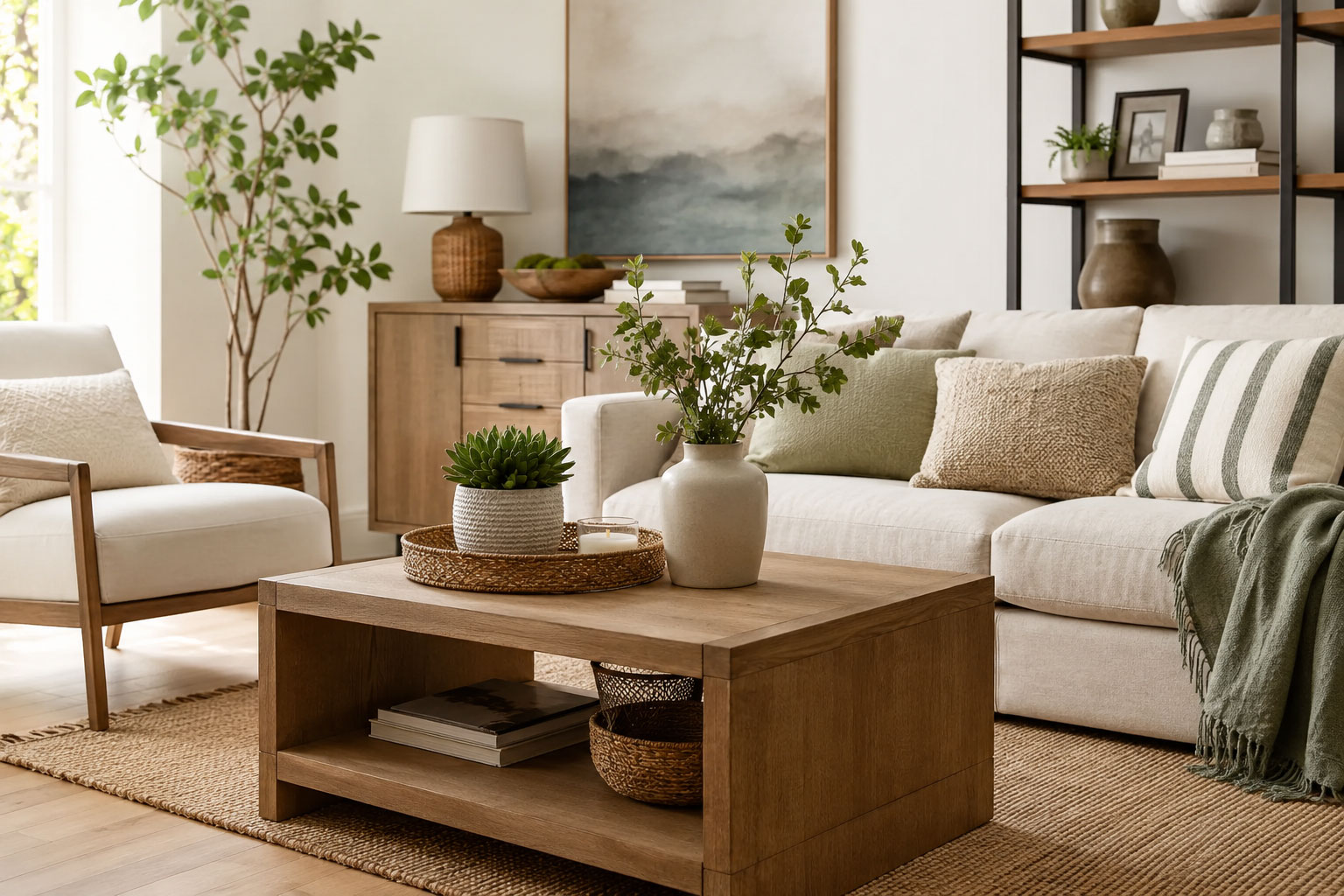 Cozy neutral living room with greenery featuring items from Home Depot